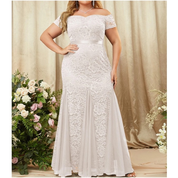 Plus Floral Lace Off Shoulder Formal Evening Wedding Maxi Dress - Picture 3 of 10